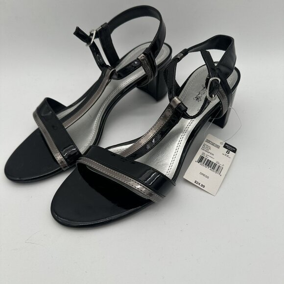 Womens Black Silver Metallic Block Heel Dress Sandals With Ankle Strap - Picture 2 of 7